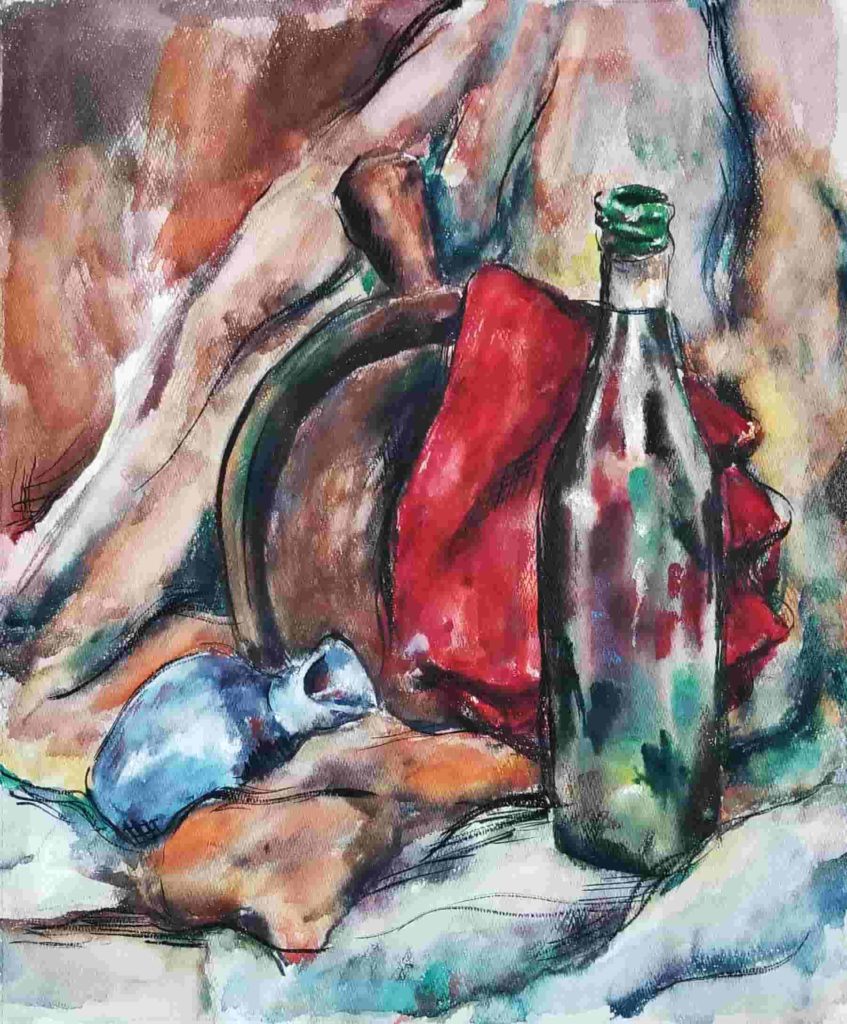 Madonna Caldwell still life art work painting of red cloth on pan with wine bottle
