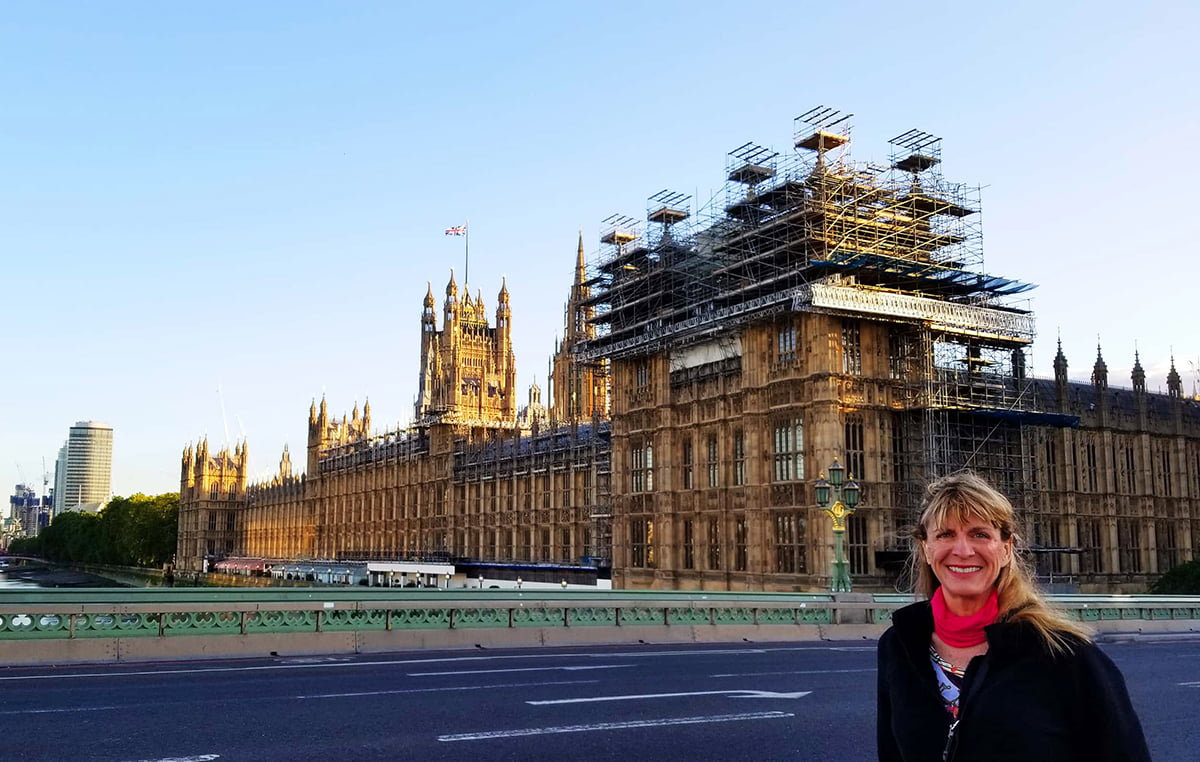 Joanie in London at Parliament on Westminster Bridge
