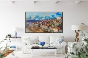 Porto large digital watercolor framed in living room